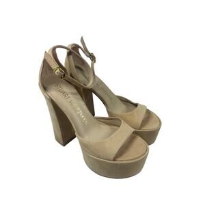 STUART WEITZMAN Ryder Suede Sandals Womens 7 Beige High Block Heel Buckle Strap